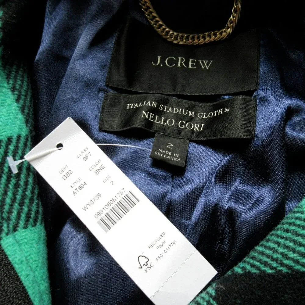 NWT J.Crew Chateau Parka in Black Neon Emerald Buffalo Check Stadium Wool Coat 2